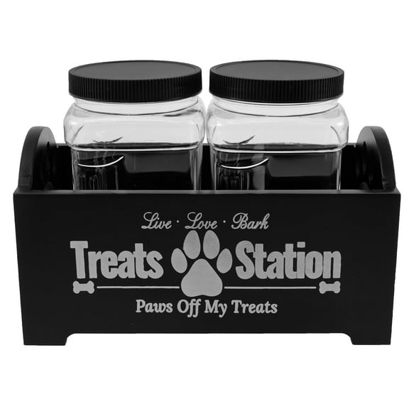 Dog Treat Container Wood Dog Food Storage Container with 2 Plastic Jars Rustic Cat Treat Container Practical Pet Treat Storage Organizer for Pet Owners and Lovers