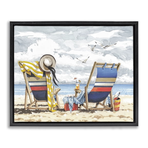Stupell Industries Peaceful Beach Chairs Hangout Landscape & Nature Painting Black Floater Framed Canvas Art Print Wall Art, 21 x 17