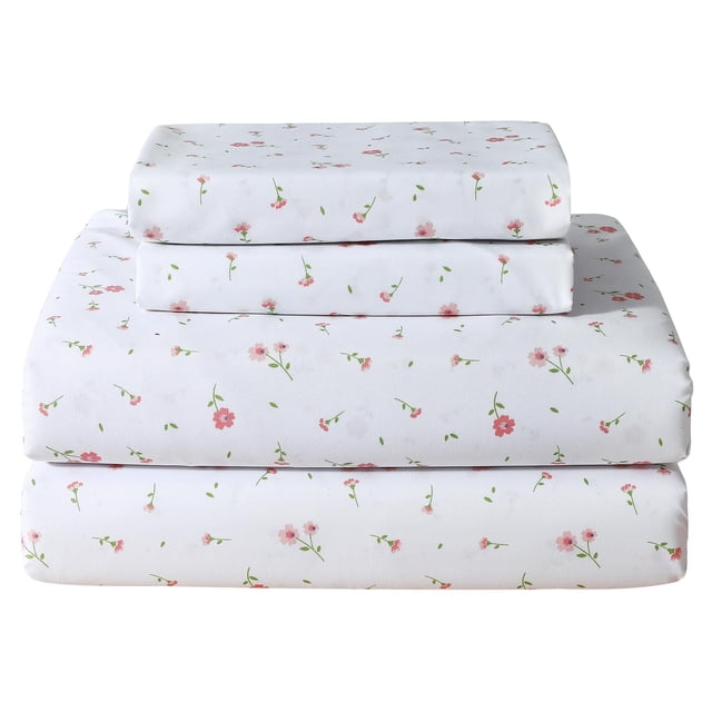 Softan Pink Floral Full Sheet Set Printed Sheets Double - 4 Piece Microfiber Patterned Fitted Sheets with 15" Deep Pocket, Cute P