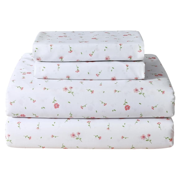 Softan Pink Floral Full Sheet Set Printed Sheets Double - 4 Piece Microfiber Patterned Fitted Sheets with 15" Deep Pocket, Cute P