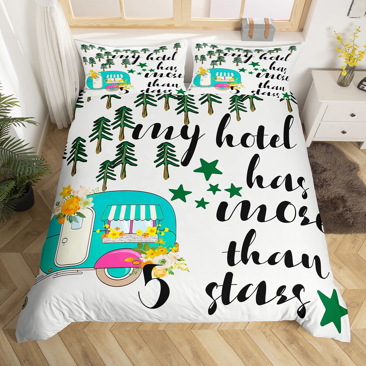 Camper Bedding Set Camp Travel Car Comforter Cover Camping Gift,Happy