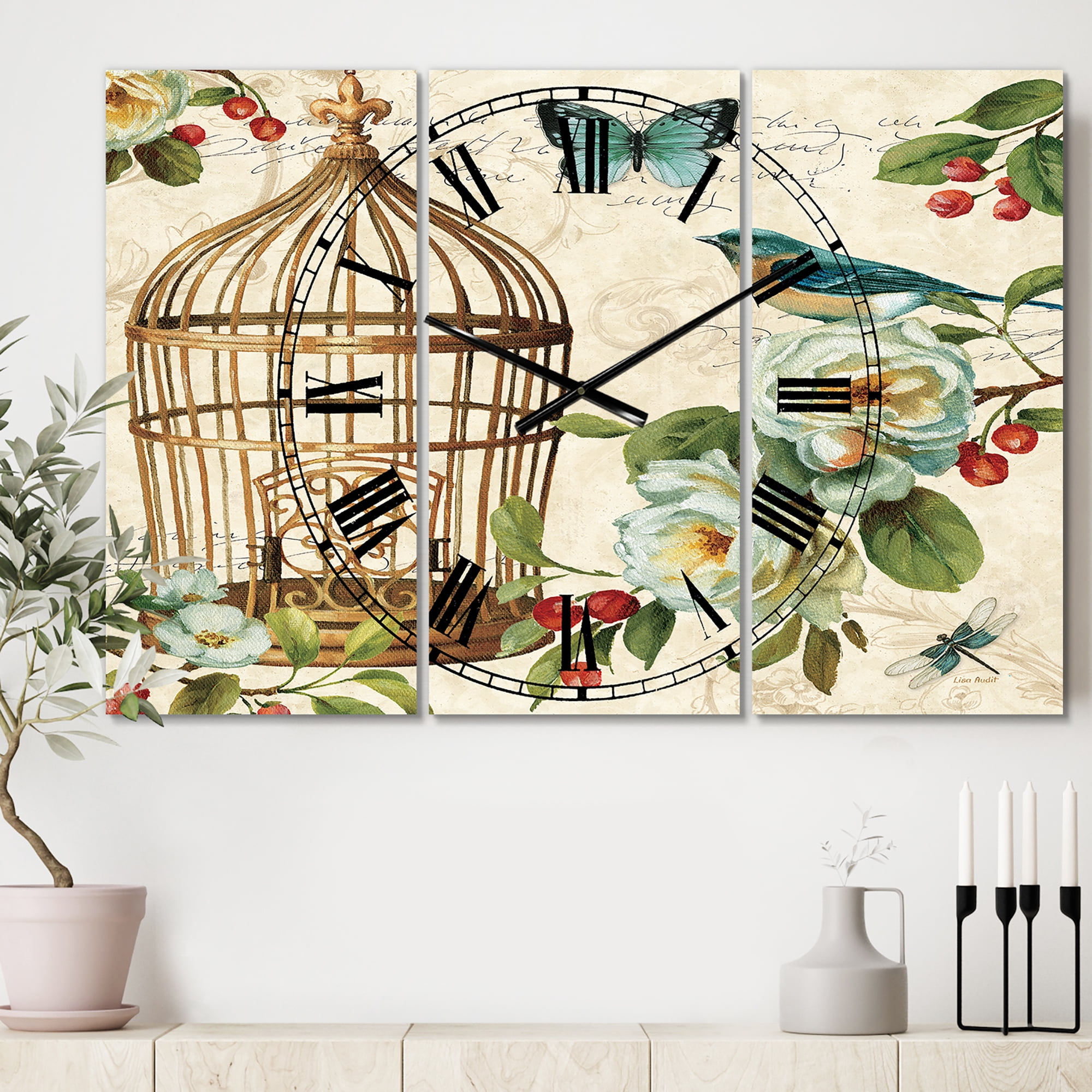 Designart 'Blue Cottage Bird, Birdcage and Apple Blossoms I' Traditional wall clock