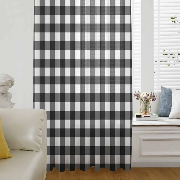Black White Plaid Semi Sheer Curtains Drapes for Living Room, Bedroom, French Doors Window 84 Inches Long, Modern Simple Buffalo Check Gingham Rod Pocket Chiffon Curtain Drapery Voile Drape Panel