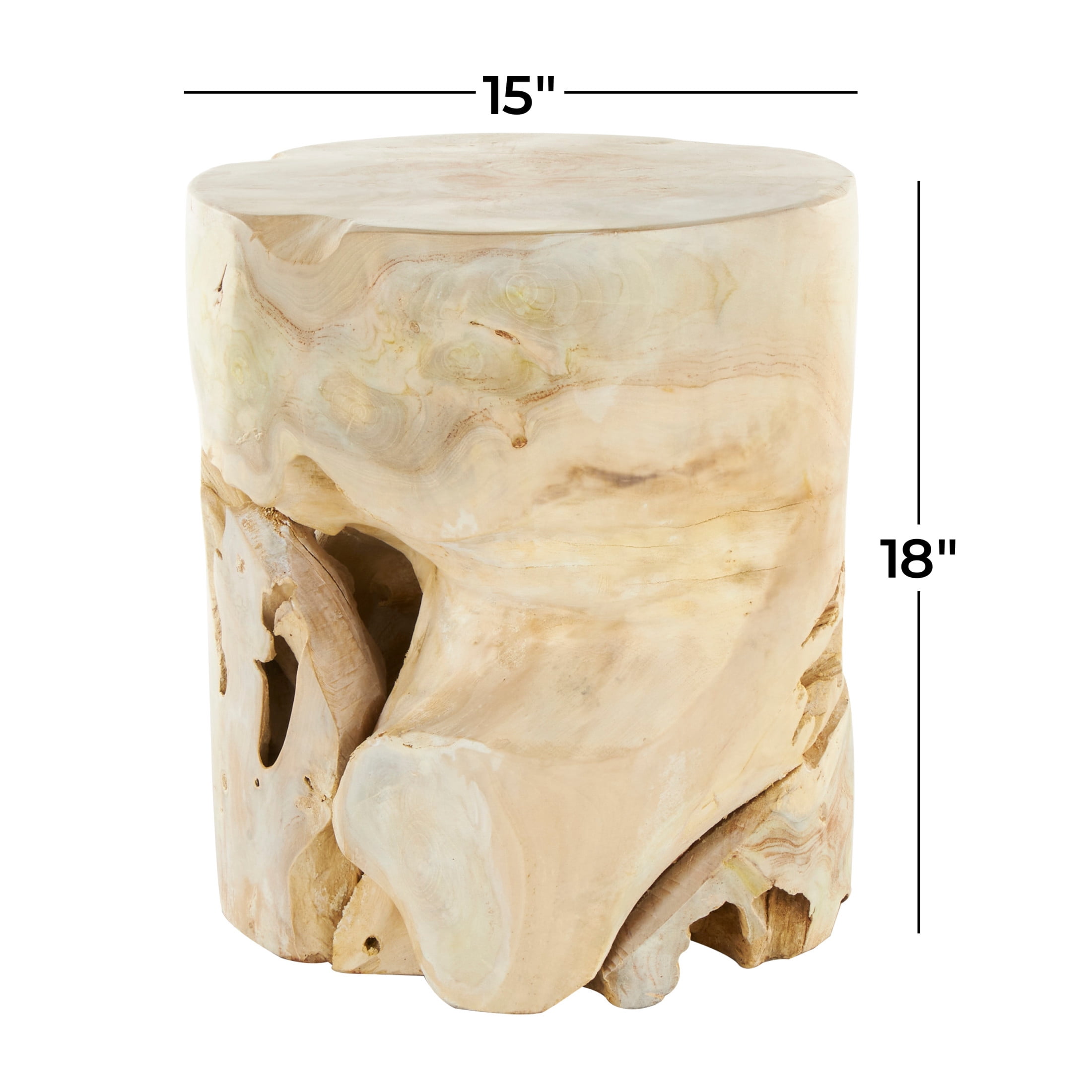 DecMode 15" x 18" Light Brown Teak Wood Handmade Live Edge Tree Stump Accent Table with Natural Cutouts, 1-Piece