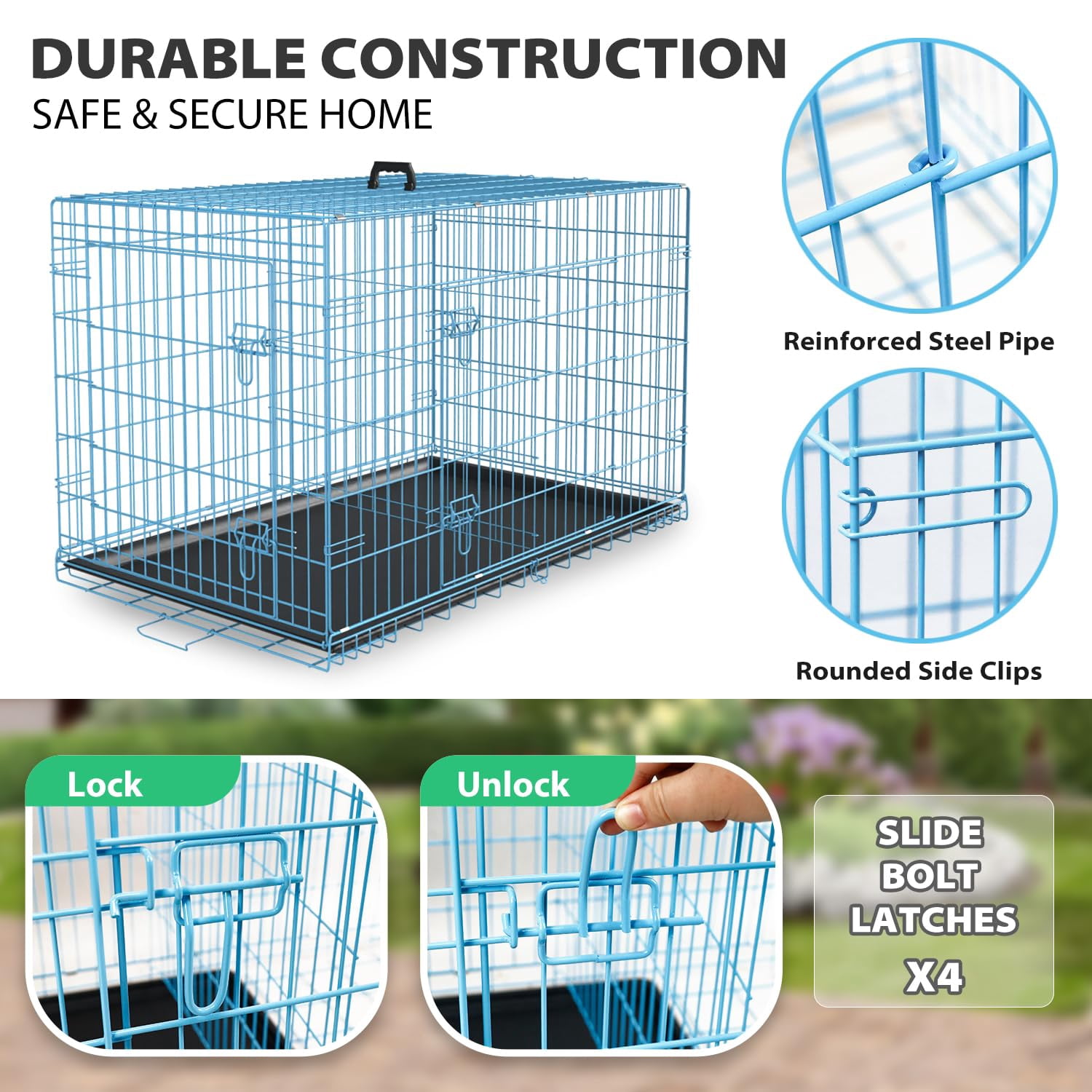 XF XINFENG 24 Inch Dog Crates for small dogs Folding Metal Kennel with Double Doors Leakproof Tray Portable Dog Cage for Travel, Indoor & Outdoor Use Blue