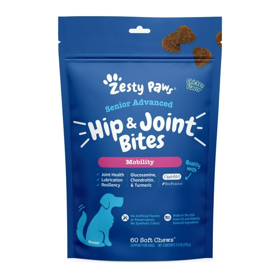 Zesty Paws Senior Advanced Hip & Joint Mobility Bites for Dogs, Chicken Flavor, 60 Count Soft Chews