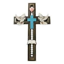 Rustic Turquoise Blue With Holy Bible White Doves Heart Faux Wooden Wall Cross