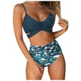 thumbnail image 2 of Women's Floral Print Bikini Set Cross Back High Waisted String Two Piece Swimsuit Sexy Beach Bathing Suit for Vacation Summer Pool Party,Green,L, 2 of 7