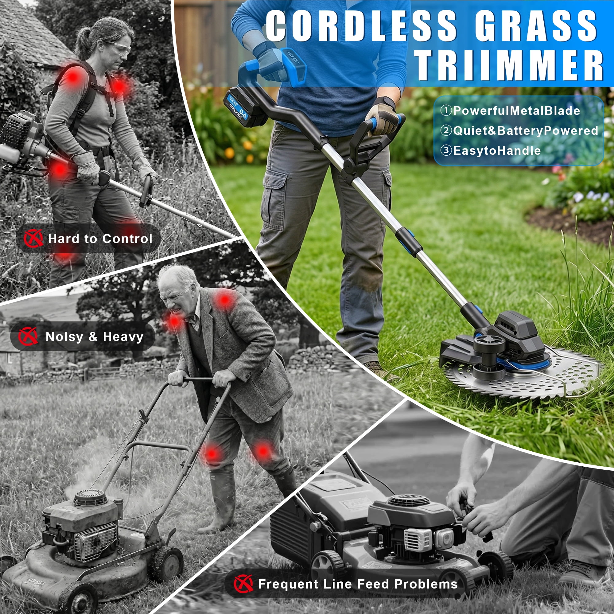 Cordless Electric Weed Wacker with 2 × 4.0Ah Batteries, Brushless Weed Eater, 3-in-1 Grass Trimmer & Lawn Mower, Multi-Functional Garden Tool