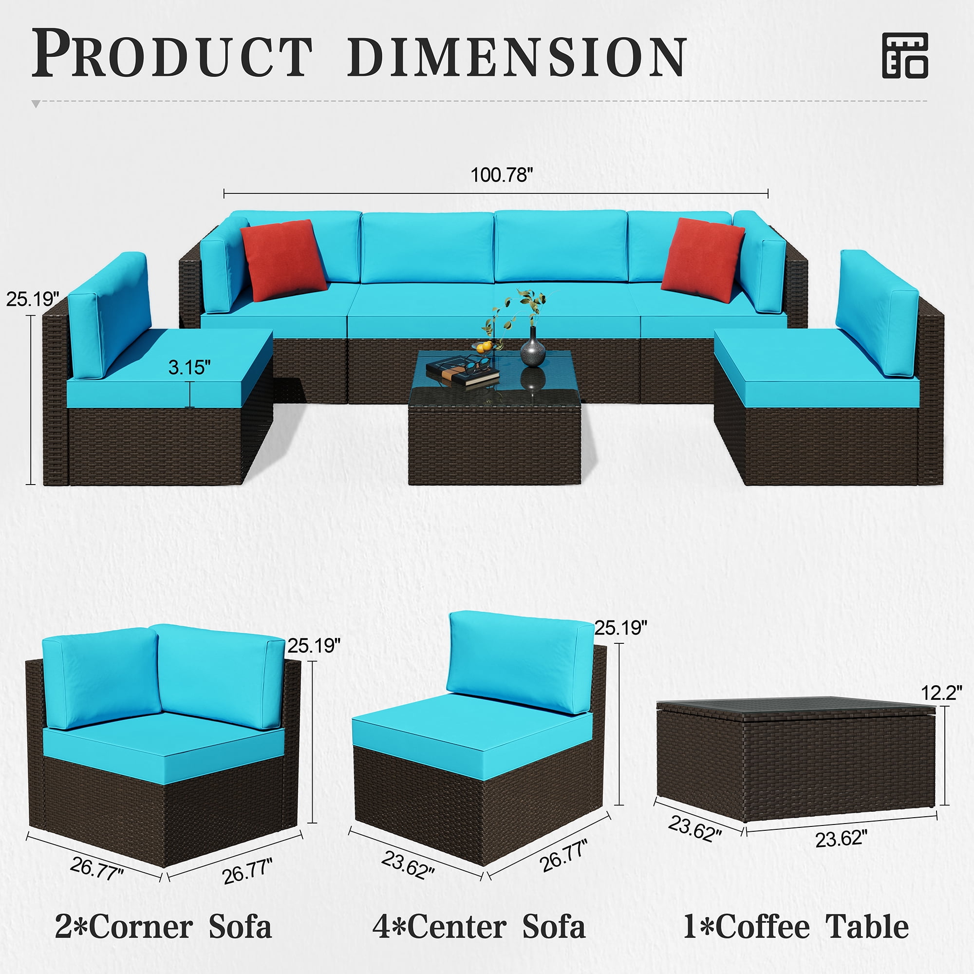 Patio Furniture Set, Walsunny 7 Piece All Weather Outdoor Sectional Sofa, Wicker Patio Conversation Set with Cushions and Tempered Glass Table for Backyard Porch, Blue