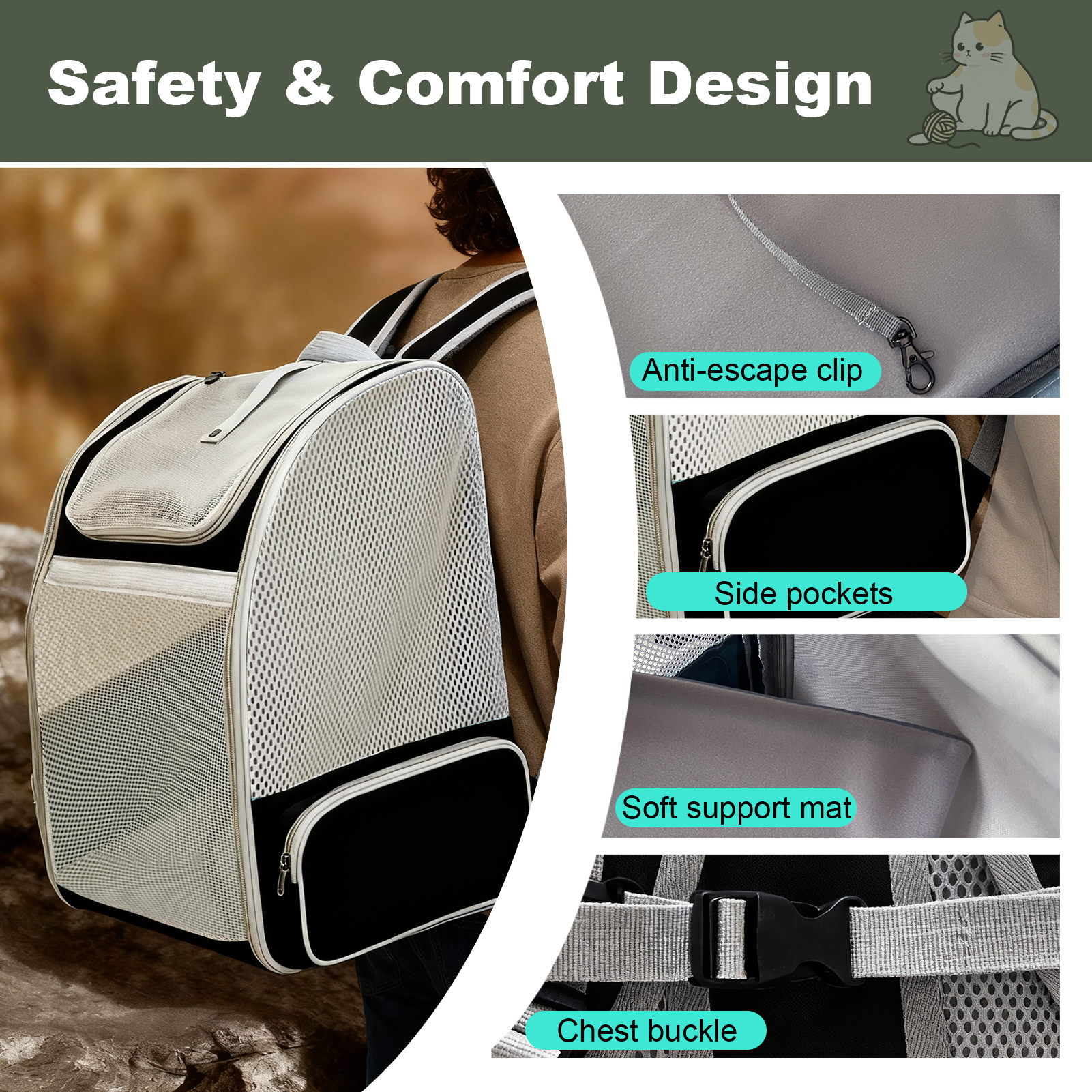 Breathable Cat Backpack Carrier, Fully Ventilation Rear Expandable Pet Carry Bag for 16 lbs Small Puppy Rabbit Bunny, Collapsible Airline Approved Kitten Travel Carrier Cage for Vet Visit