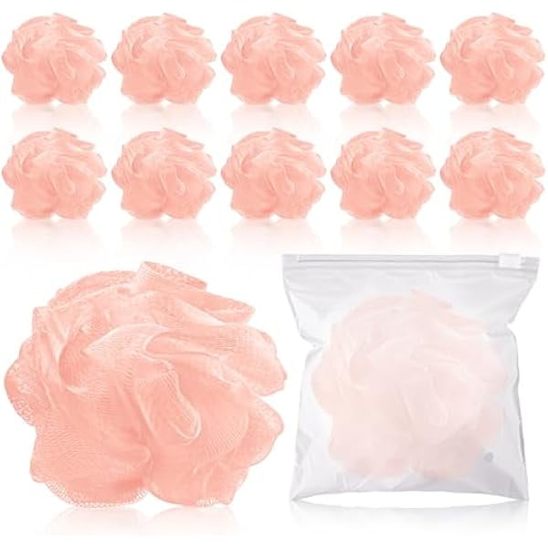 wonima11 12 Pcs Travel Size Loofah Individually Wrapped, Small Shower Puff Bath Sponge Pouf Ball Bulk Mesh Bath Puff Mini Loofah Sponge with Case Bulk for Shower Care (25g,Pink)