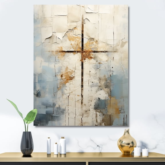 Designart "Jesus' Cross In Beige II" Christianity Canvas Art Print