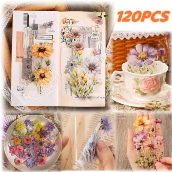 Large Watercolor Floral Stickers 120-Pack, 4.7 Inch Clear Botanical Decals for Journals, Planners and Crafts