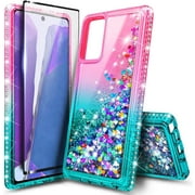 Nagebee Case for Samsung Galaxy A02S with Tempered Glass Screen Protector (Full Coverage), Glitter Sparkle Flowing Liquid Quicksand Bling Diamond, Durable Girls Women Cute Case (Pink/Aqua)