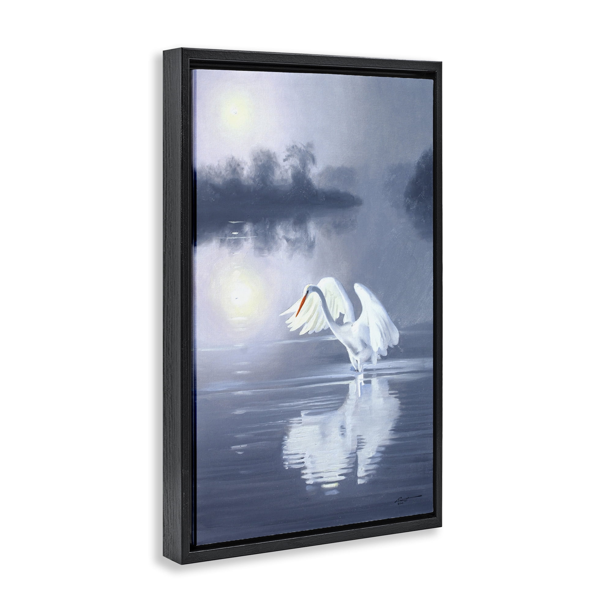 Stupell Industries Egret on Stormy Waters Animals & Insects Painting Black Floater Framed Canvas Art Print Wall Art, 17 x 25