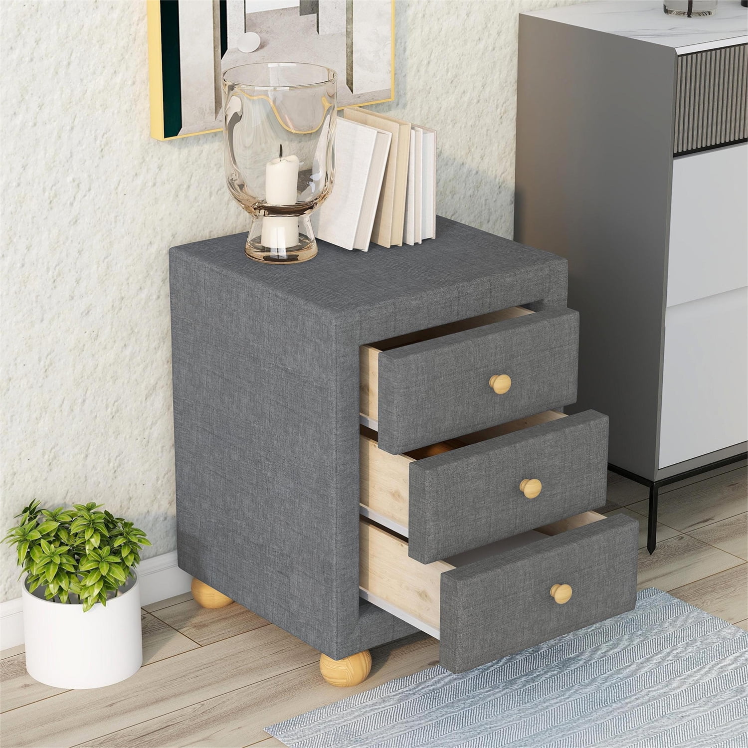 Nightstand with 3 Drawers, Modern Upholstered Bedside Table with