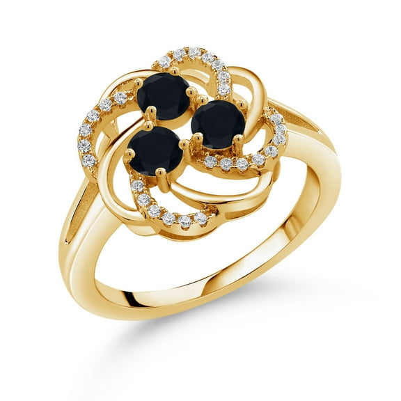 Gem Stone King 0.88 Ct Round Black Onyx White Created Sapphire 18K Yellow Gold Plated Silver Ring (Size 9)