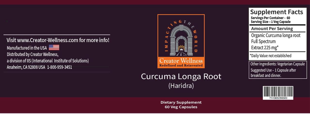 Curcuma Longa Turmeric | 225mg Root Extract | Curcuma Longa Root | 60 Veg Capsules
