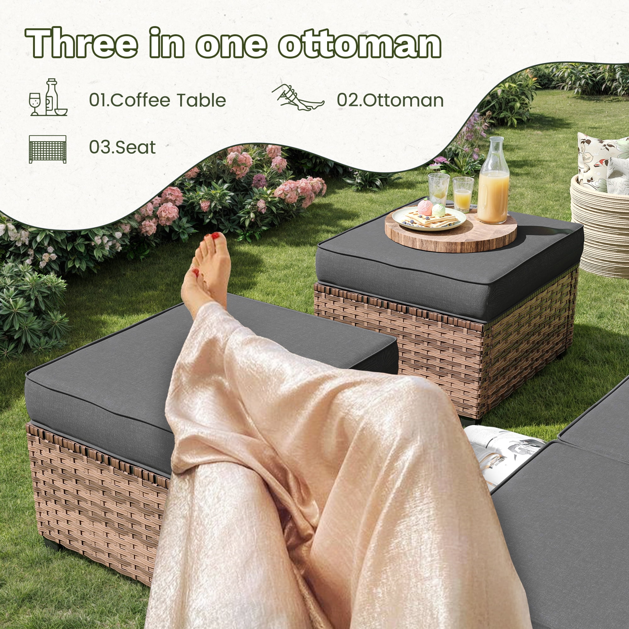 Poteban Patio Conversation Set, 5 Pieces Outdoor Furniture Set, All-Weather Wicker Rattan High Back Outdoor Sectional Sofa Set with Ottoman for Poolside, Backyard, Brown Wicker Dark Grey Cushions