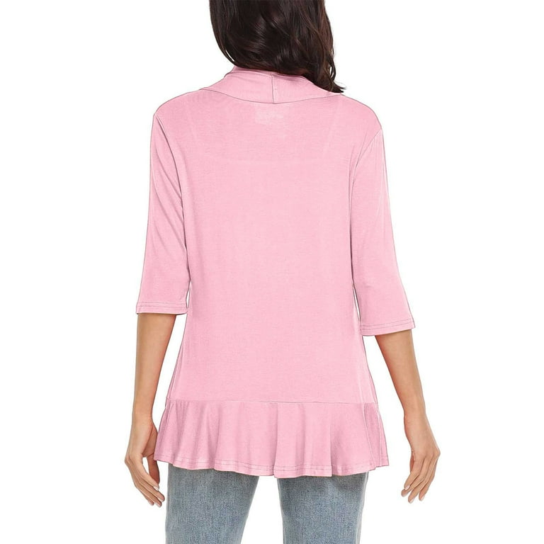 Women's Lightweight 3/4 Sleeve Open Front Cardigan - Soft Draped Ruffle Detail For Summer & Fall
