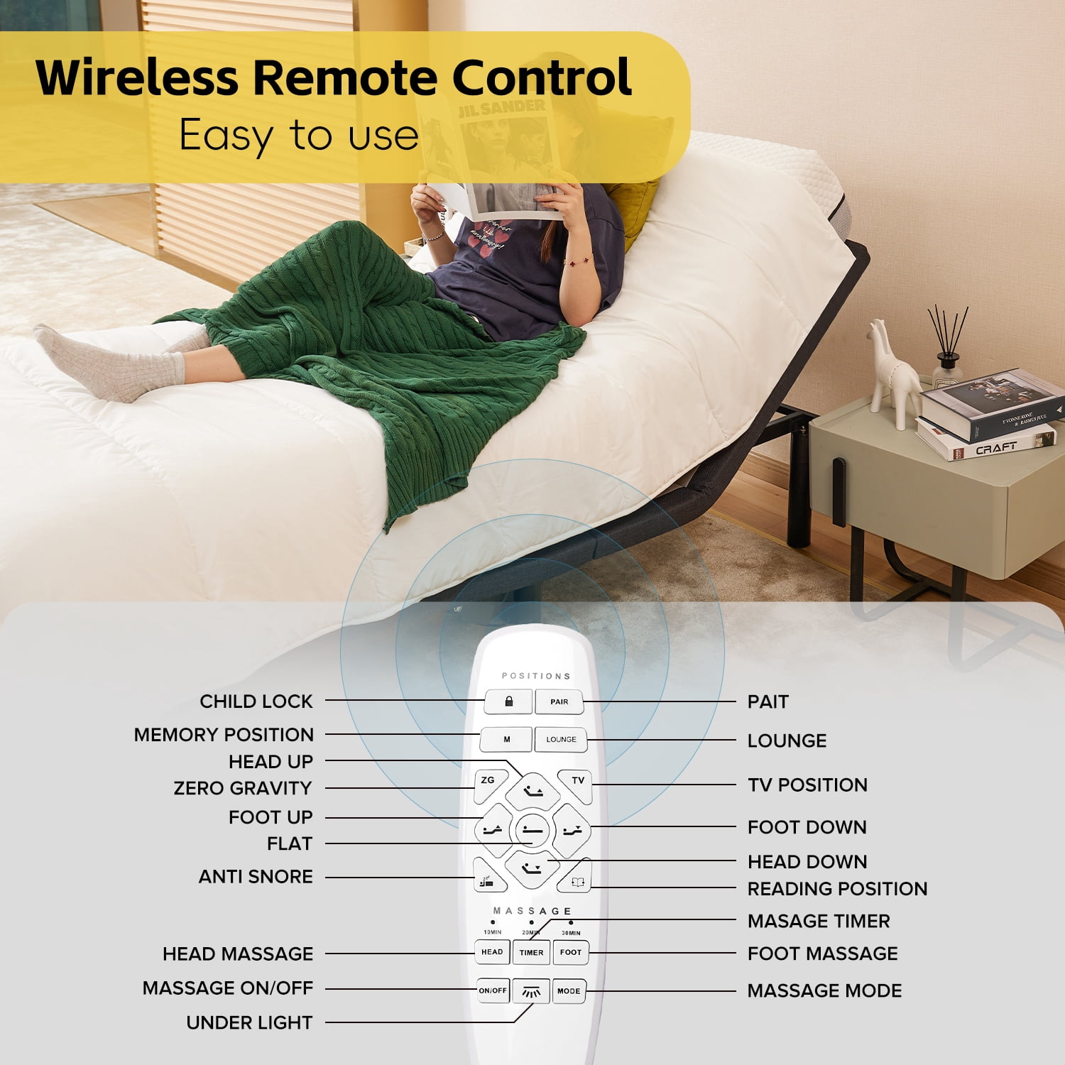 Ergonomic Twin XL Size Adjustable Bed, Zero Gravity Base for Stress Management w/Head and Foot Incline, Wireless Remote Control, Massage, Under-Bed Nightlight, and USB Ports