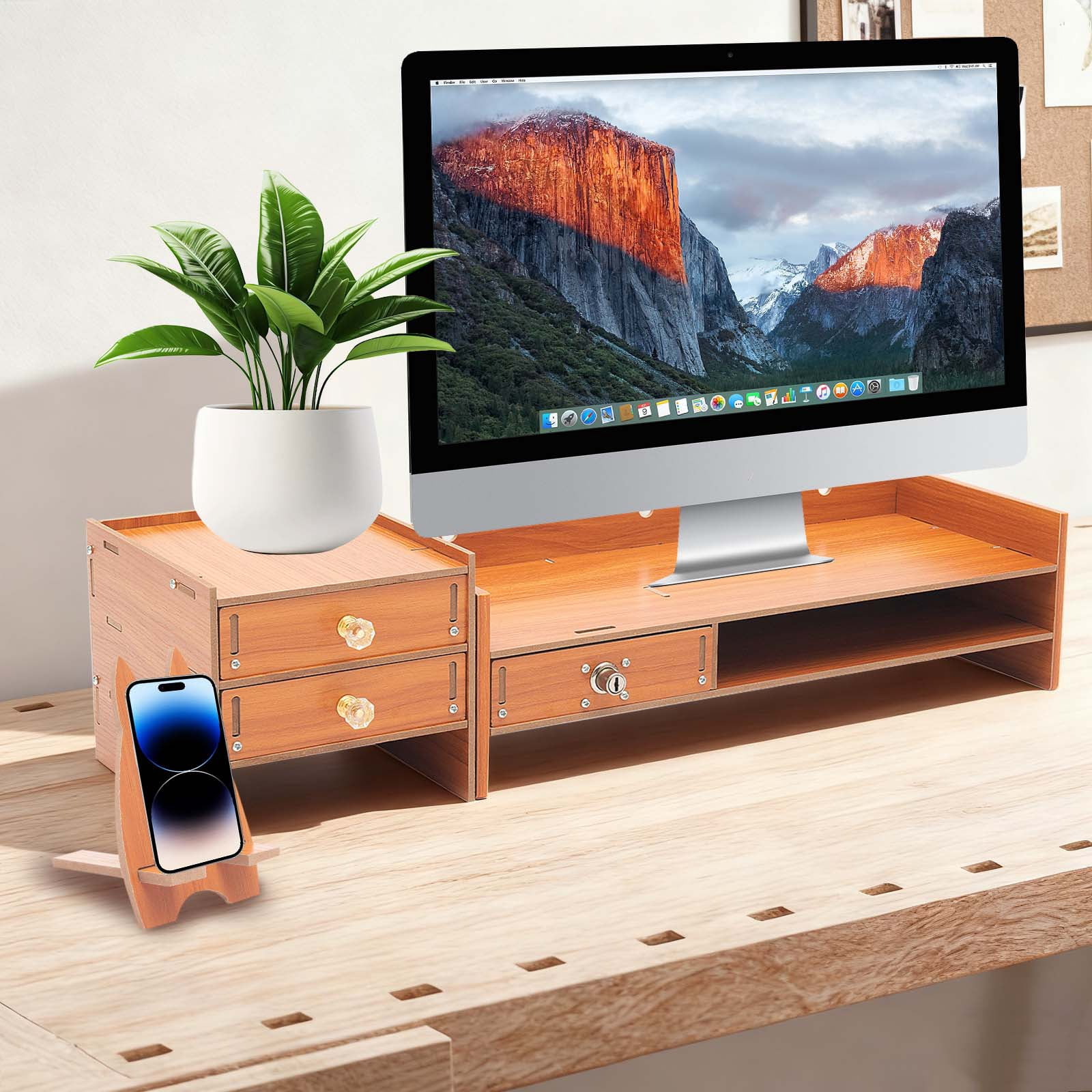 Desktop Storage Organizer with Lockable Drawer, Phone Holder & Keyboard Space, Ergonomic Monitor Riser for Office & Home