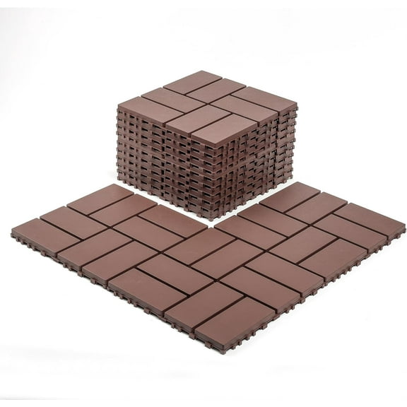 Olurrisa Solid Wood Interlocking Patio Deck Tiles - 44 packs 12" x 12" Indoor Outdoor Waterproof Flooring Tiles for Balcony, Backyard, Garden & Poolside, All Weather Use, Brown