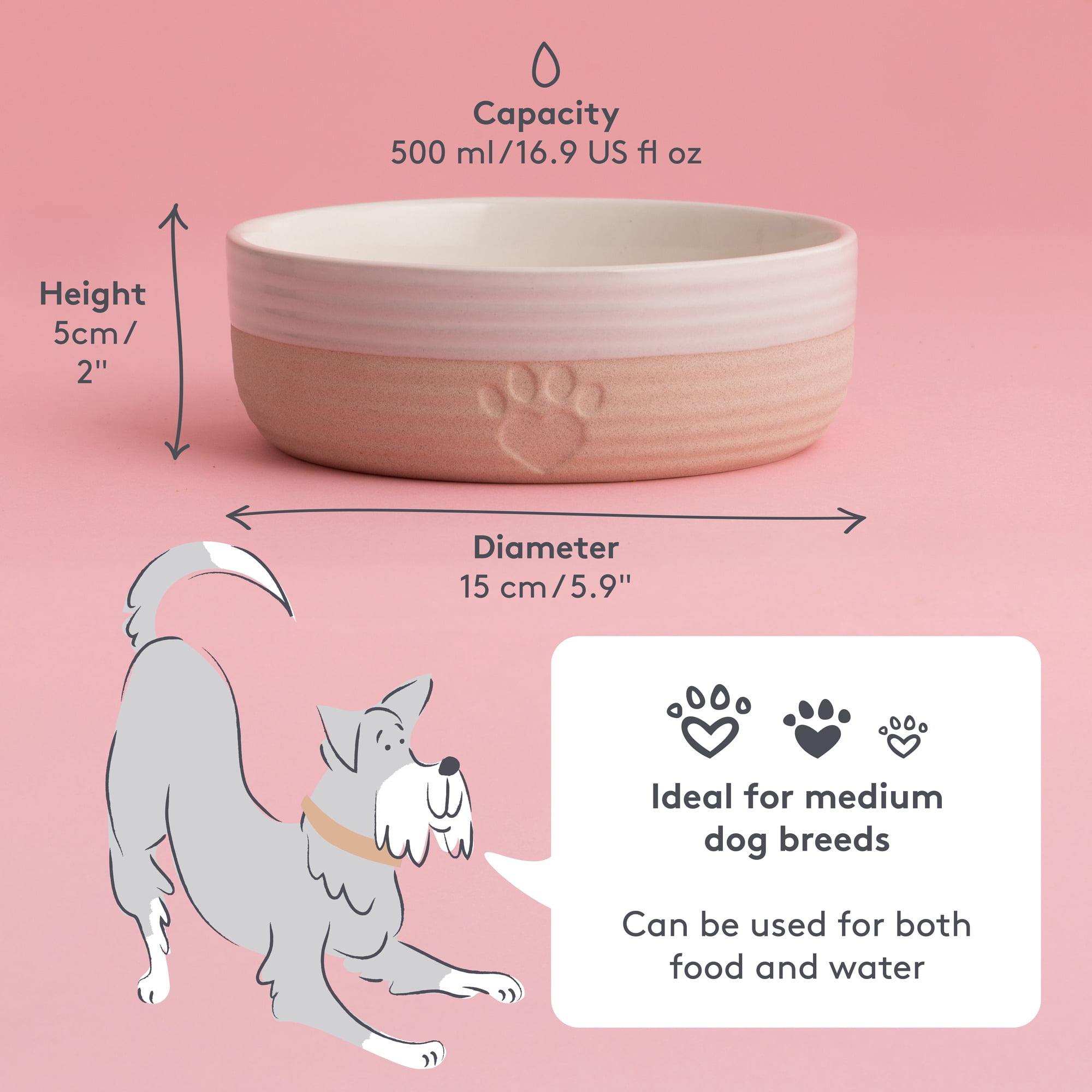 Mason Cash: Heart Paw Pet Bowl - 5.9", 16.9oz - Cream & Tan - Durable Ceramic Food-Water Dish, Microwave-Dishwasher Safe, Dog & Cat Feeding-Hydration
