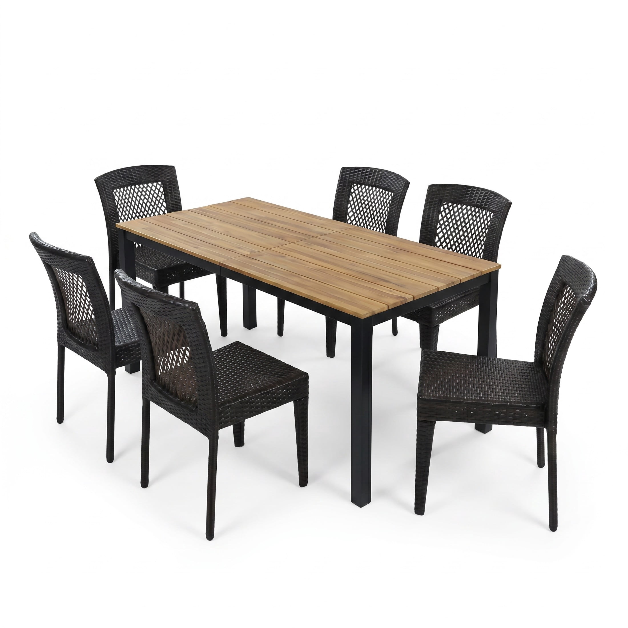 Christopher Knight Home 7-Piece Modern Outdoor Dining Table with Stackable Rattan Chairs, Brown+Black