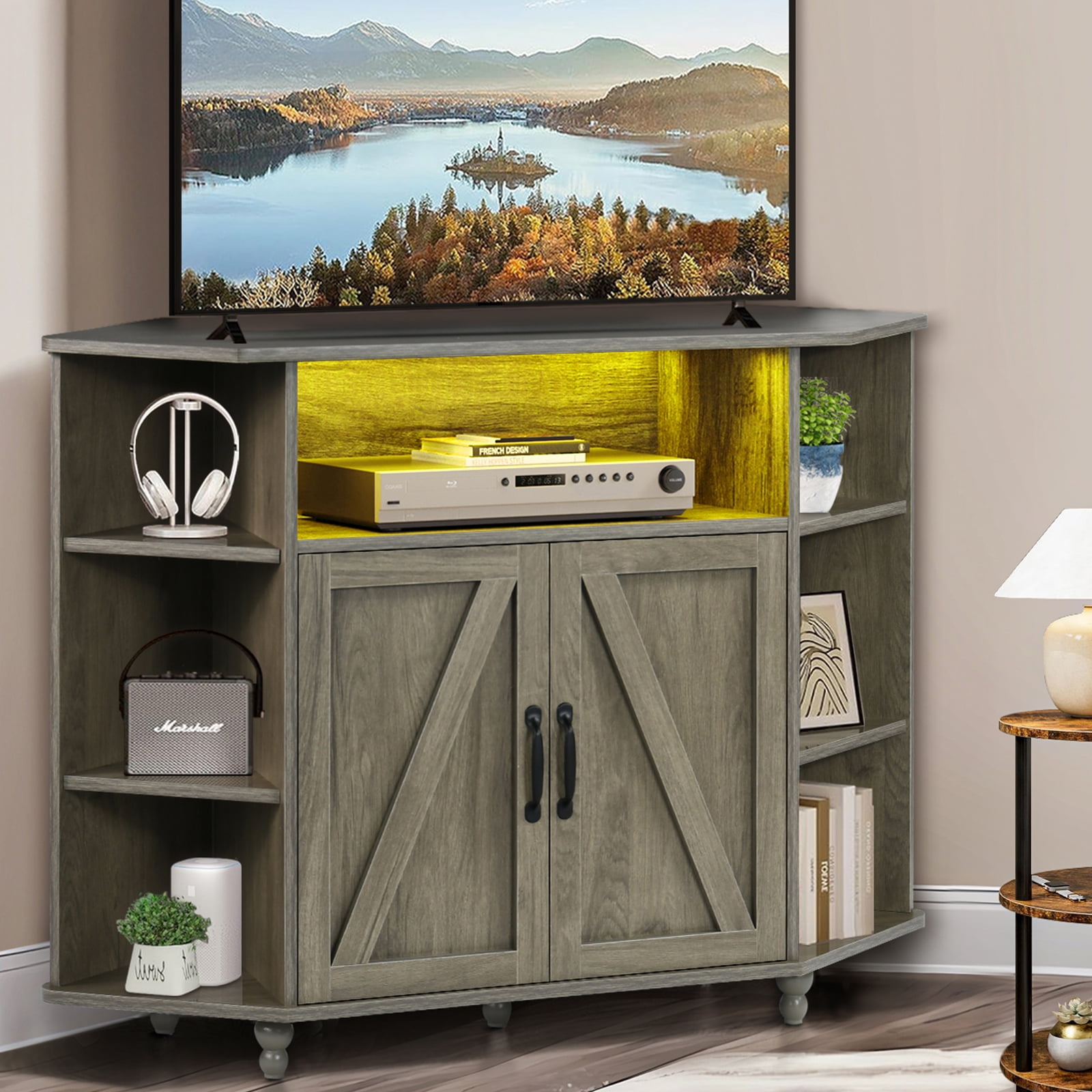 Corner TV Cabinet with LED Lights for 50 Inch TV, Adjustable Shelves, Farmhouse Barn Door Media Console with Storage & Cable Management,Grey