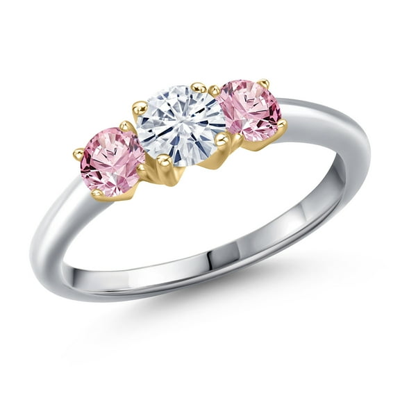 Gem Stone King 10K Two Tone Gold White Moissanite and Pink Lab Grown Diamond Engagement Ring for Women | 1.00 Cttw | Round 5MM | Gemstone Birthstone | Size 5