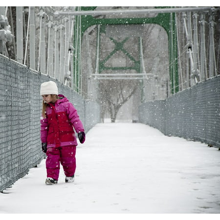 LAMINATED POSTER Snow Cold Pink Whit Winter Girl Bridge Curious Poster Print 11 x 17