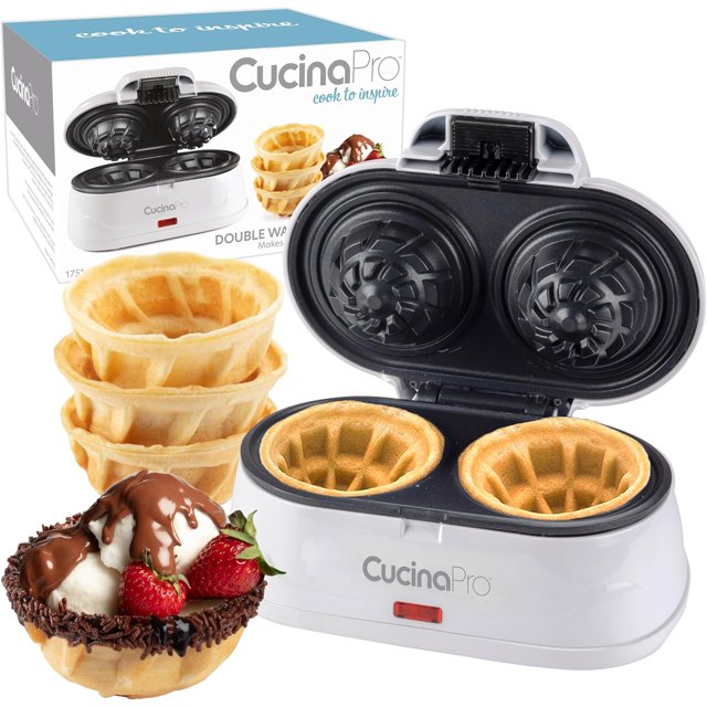 Double Waffle Bowl Maker- Make two 4" Ice Cream Cone Bowls at Once, NonStick Electric Baker for Homemade Icecream Treats, Waffler is Easy to Use, Recipes Included, Add your Favorite Fillings, Toppings