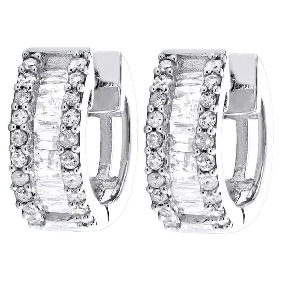 10K White Gold Round & Baguette Diamond Hoop / Huggie 11mm Fancy Earrings 1/2 CT