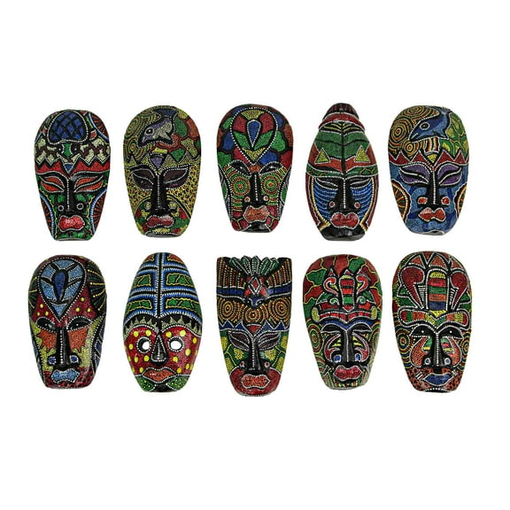 Zeckos Hand Carved Wood Dot Painted Tribal Masks 6 inch Set of 10