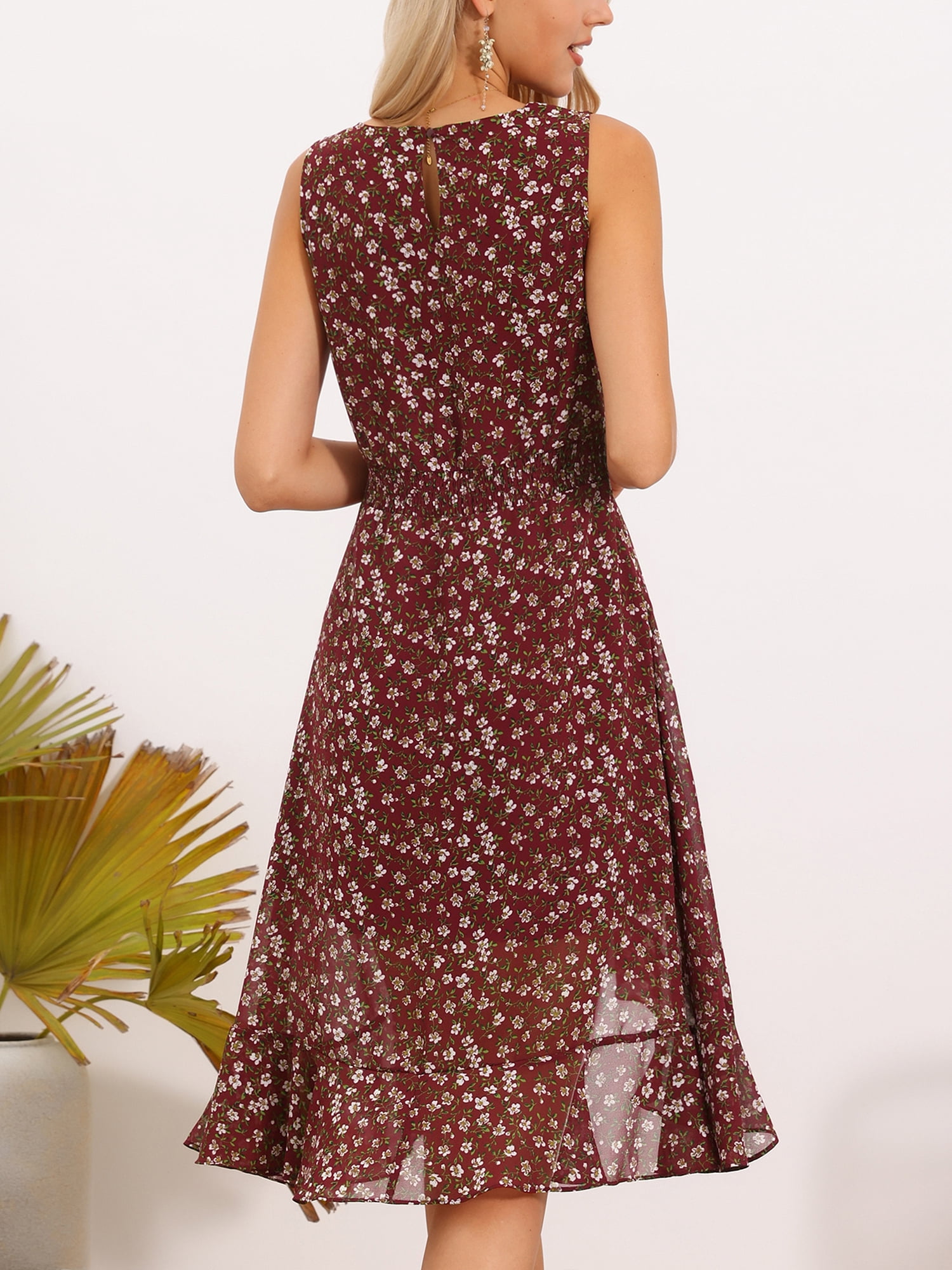 DARING DIVA Women's Summer Wrap Round Neck Keyhole Back Dresses S Wine Red