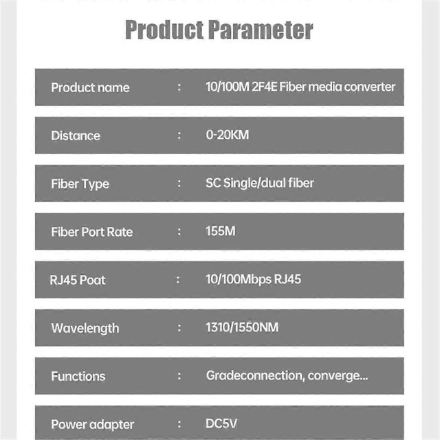 10/100M 2 Fiber Ports 4 RJ45 Port Fiber Media Converter 1310nm/1550nm Single Mode Simplex 20km SC US PLUG