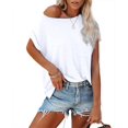 thumbnail image 2 of Solid Color Women Loose Short Sleeve Off Shoulder Shirt With Pocket, 2 of 4