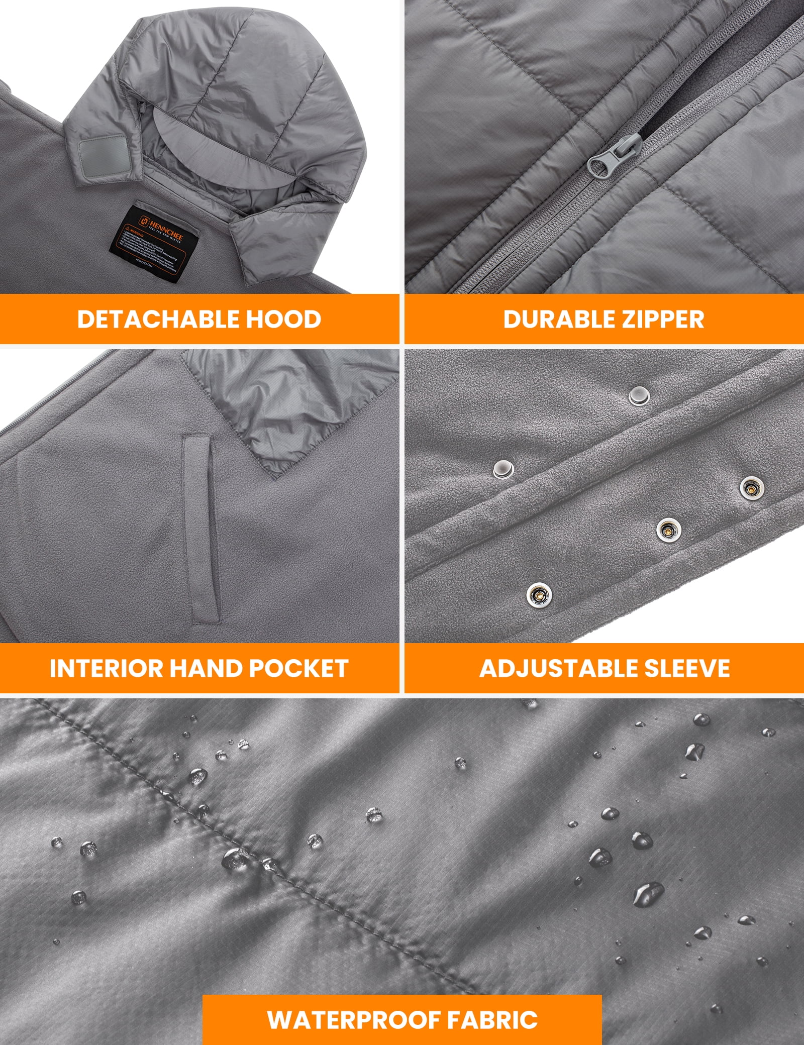 HENNCHEE Heated Blanket Battery Operated with Removable Hooded 70" x 42" Waterproof Heated Poncho for Home, Outdoors, Camping, Grey