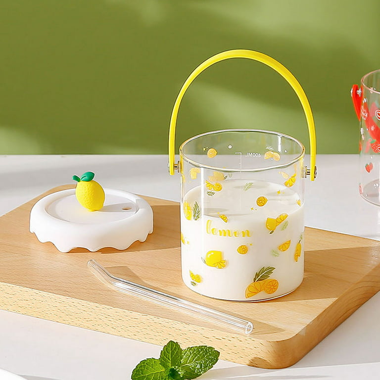Glass Cup with Straw and Lid Creative Summer Fruit Cup with Handle, Size: 9.9, Green