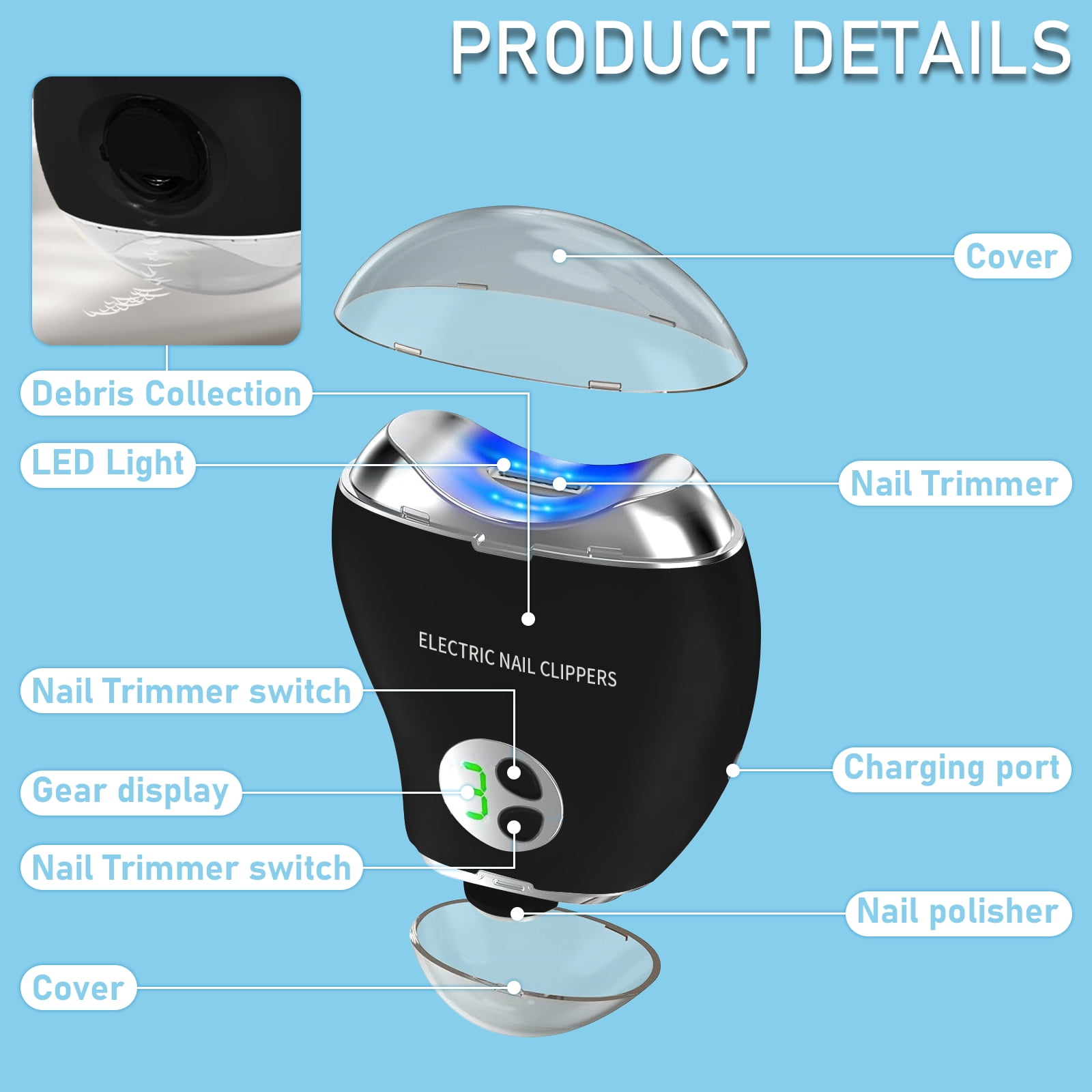 Aorsher 2 In 1 Electric Nail Clippers for Seniors Adult, 3 Speeds Mango Rechargeable Nail Clipper with Led Light and Storage, Low Noise, Smooth Nail Effect, Safe Use
