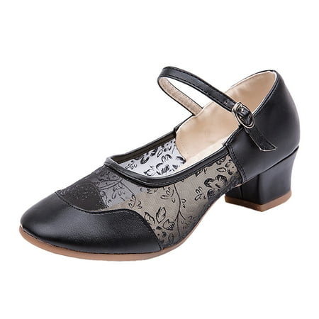 

Pyhlmscde Women s Pumps Closed Toe Middle Heel Shoe Head Leather Breathable Mesh Buckle Latin Ballroom Dancing Shoes