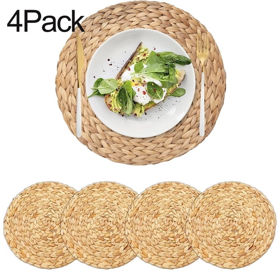 Woven Placemats Round,14 Inches Natural Water Hyacinth Weave Placemat,Heat Resistant Non-Slip Rattan Placemat Woven Placemats Farmhouse Boho Rattan Table Mats for Kitchen, Dinner, Outdoor