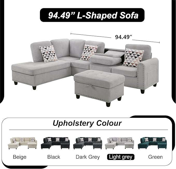 Gewnee 6 Seaters 94.49”L-Shaped Modular Sectional Sofa Couch ,Corduroy Fabric 2 Built-in Cup Holders with Storage Ottoman for Living Room