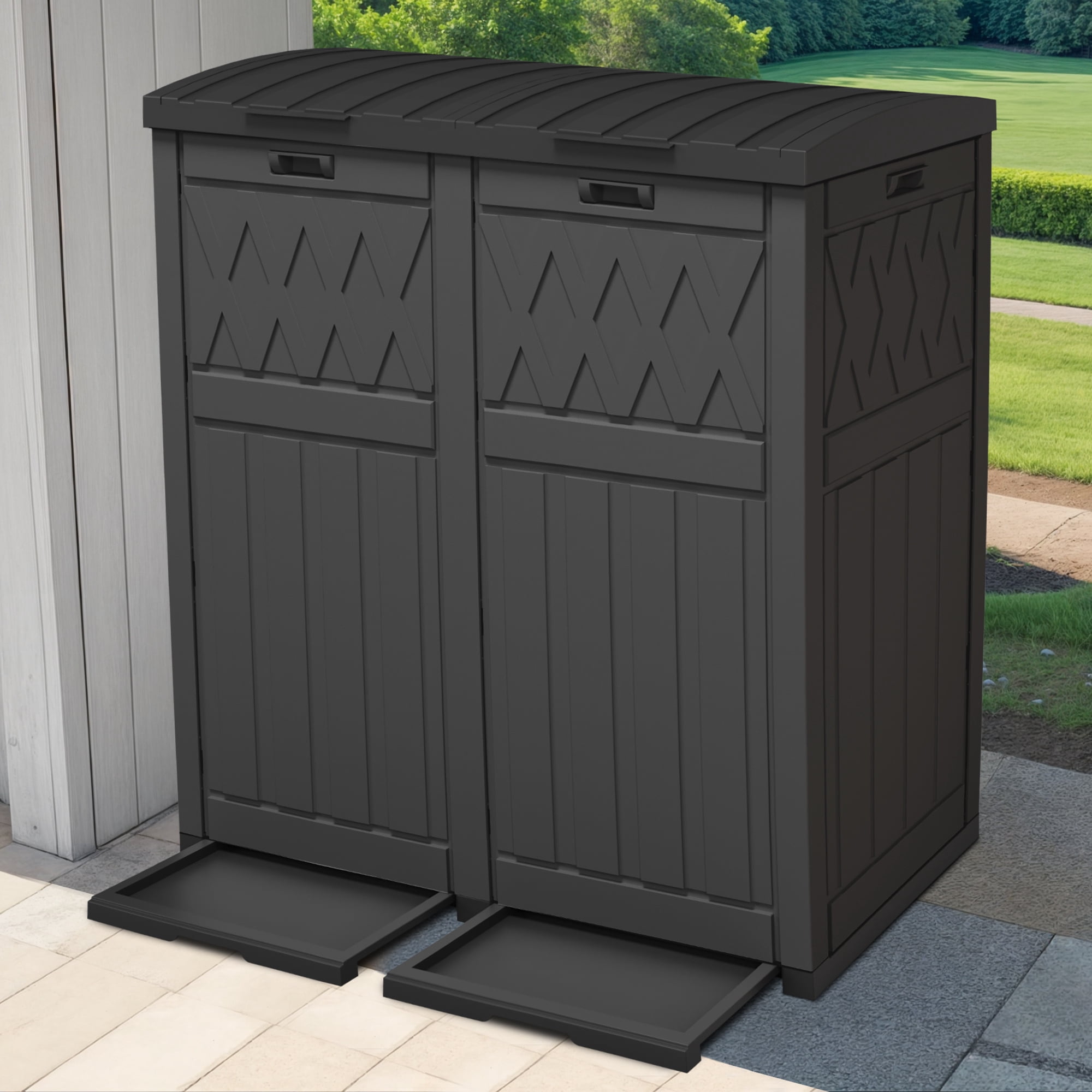 Uforic 62 Gallon Double Compartment Outdoor Trash Can, Waterproof Resin Garbage Bin with Tiered Lid and Drip Tray for Patio, Deck, Backyard, Black