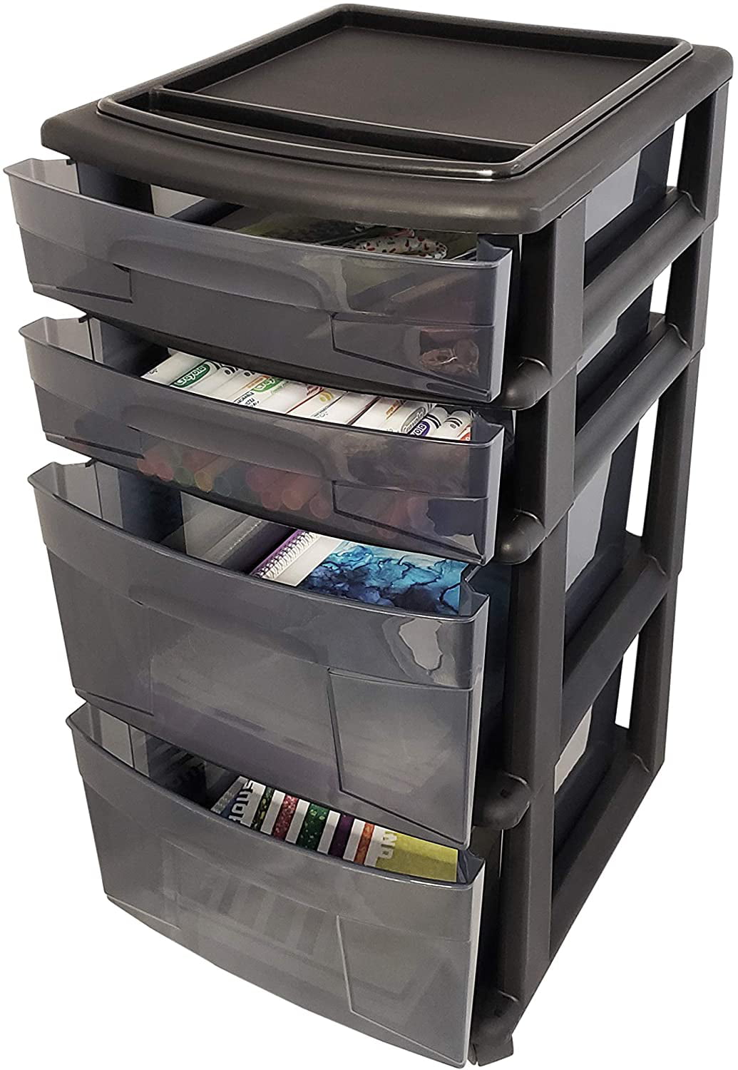 Casters Included Black Frame with Smoke Tint Drawers Plastic 4 Drawer Medium Cart 