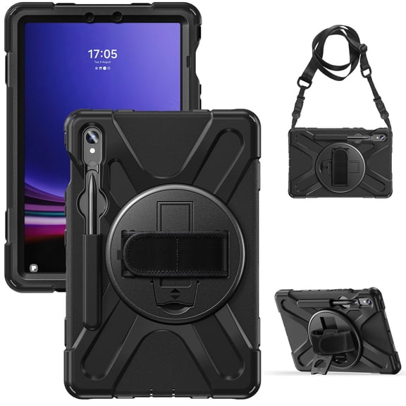 For Samsung Galaxy Tab S10 Lite/S10 FE/S9 FE/S9 Case 10.9 inch SM-X406/SM-X520/SM-X510/SM-X710, 360 Hand Strap, Shoulder Strap, Kickstand, Rugged Drop Protection, Black