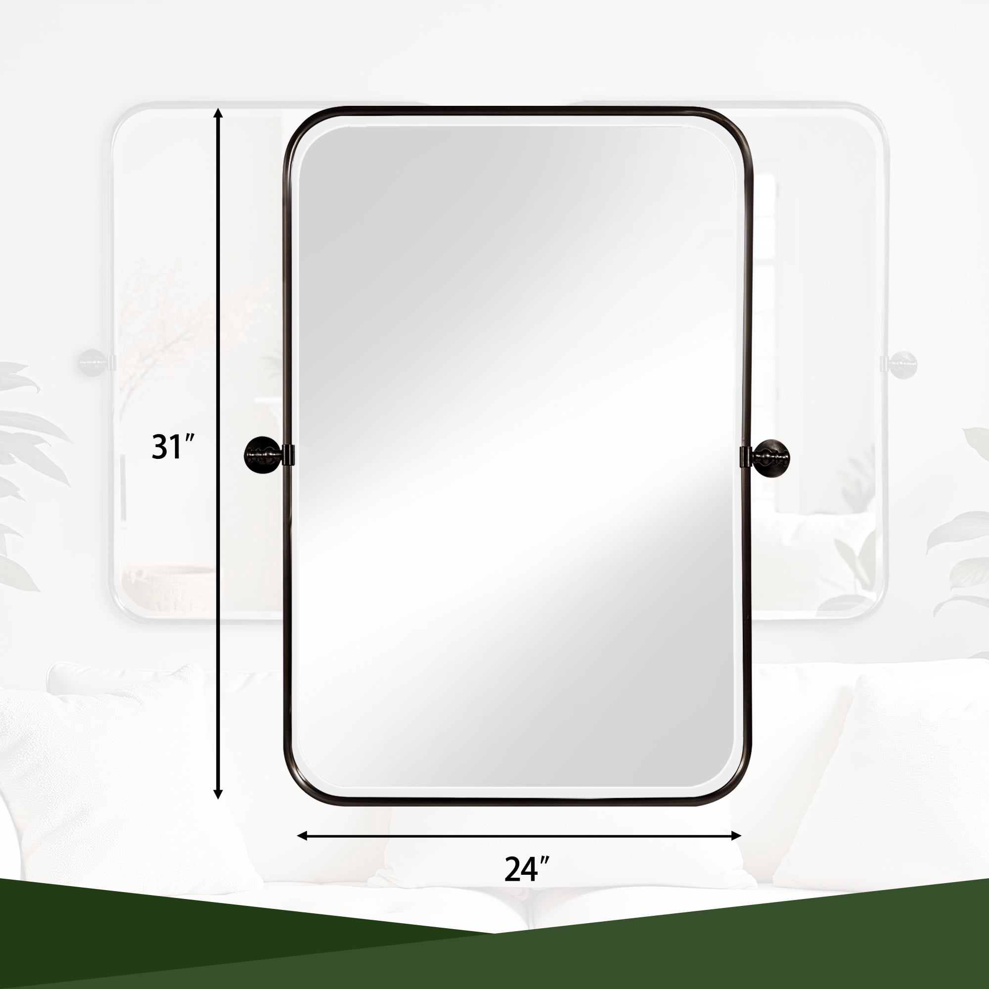 MAYEERTY 32"×24" Black Iron Rectangular Wall Mirror Rounded Corners, Hardware, Double-Sided for Bathroom