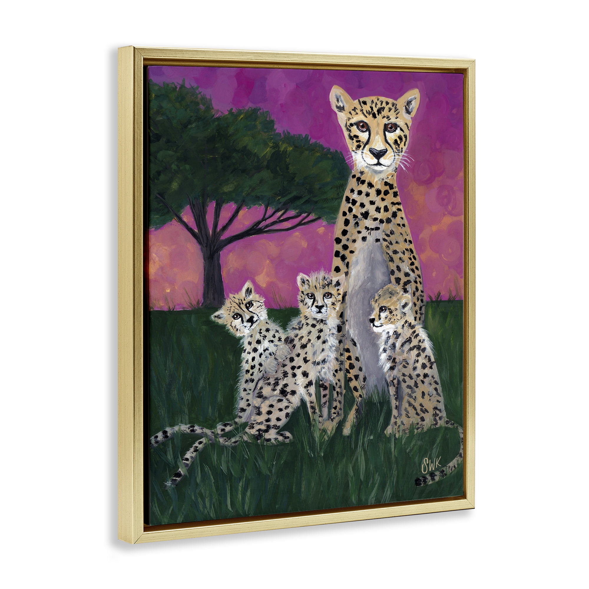 Stupell Industries Mama Cheetah & Her Cubs Gold Framed Floater Canvas Wall Art, design by Sarah Waldron Kimball